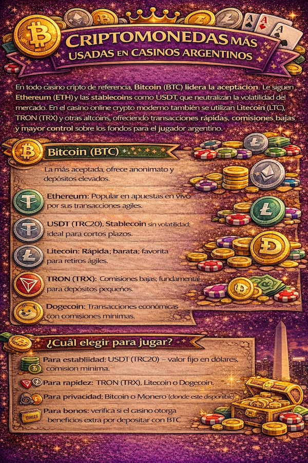 Criptomonedas más usadas en casinos argentinos